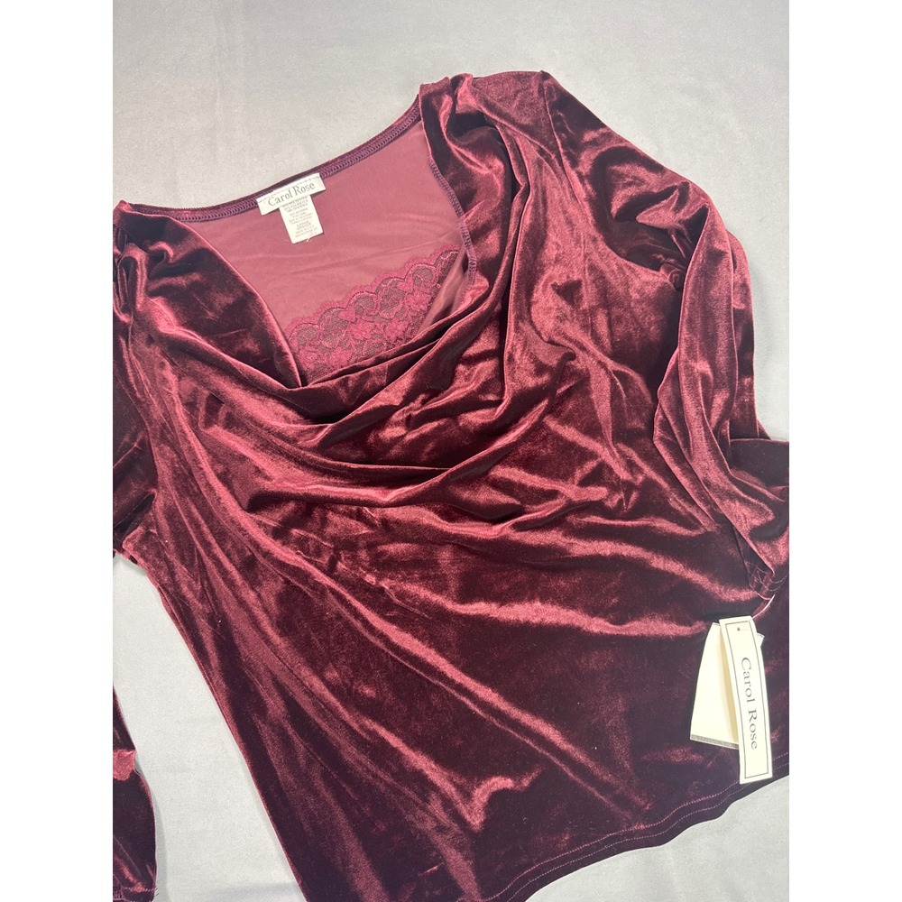 Carol Rose Vintage 90s Burgundy Velvet Cowl Neck Lace Trim Top NWT Size L 241314